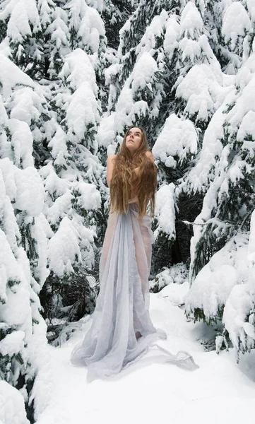 Junge Frau mit langen Haaren, mit langem weißen Kleid im Schnee. Eis friert im Winter, blickt auf und wärmt sich mit den Armen — Stockfoto