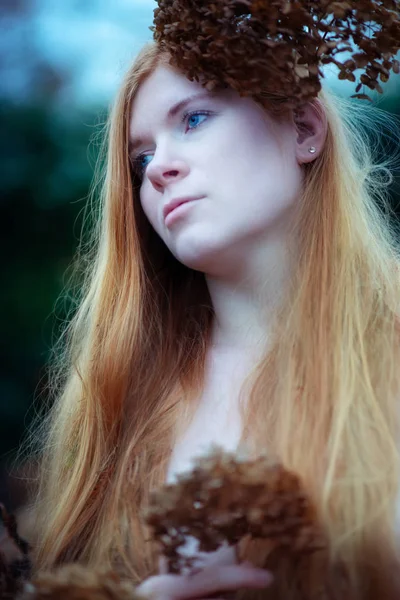 Πορτρέτο μιας νεαρής όμορφη γυμνή κοκκινομάλλα γυναίκα με δωρεάν ώμους, μακριά κόκκινα μαλλιά που καλύπτουν το στήθος με αποξηραμένες ορτανσίες — Φωτογραφία Αρχείου