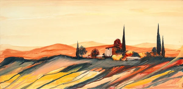 Peinture acrylique d'un paysage toscan coloré fortement coloré avec maison, arbres et cyprès avec peinture fluide, et gouttes avec espace de copie — Photo