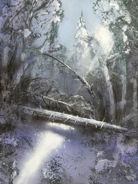 Dipingere la foresta invernale di Natale coperta di neve alla luce del sole con raggi di luce e alberi caduti — Foto Stock