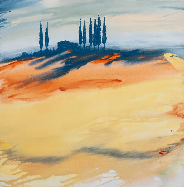 Peinture acrylique d'un paysage toscan coloré jaune, orange, bleu avec maison, arbres et cyprès avec peinture fluide, éclaboussures de peinture et gouttes avec espace de copie — Photo