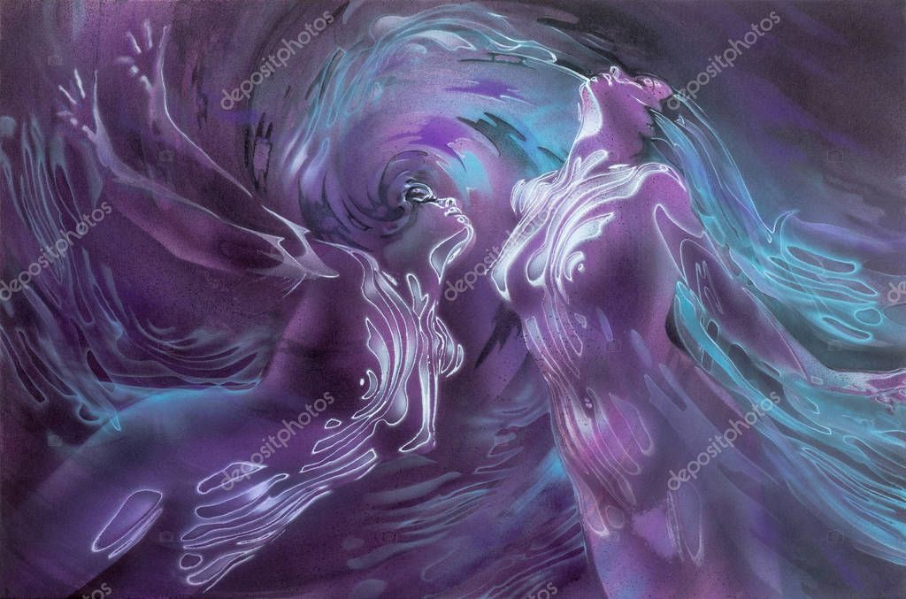 Two female bodies sexy with striped light in white violet and blue flying into freedom and love.