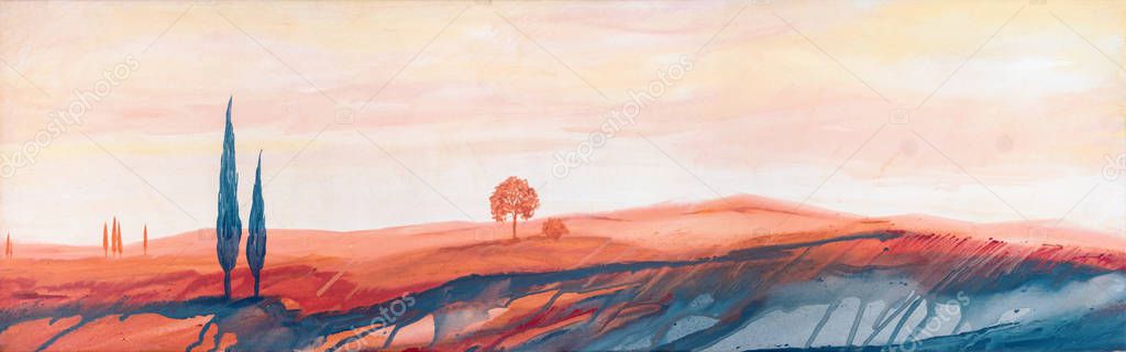 Acrylic painting of a yellow, orange, blue colored colorful Tuscan landscape with trees and cypresses with flowing paint with copy space