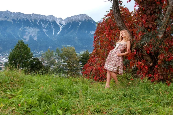 Hermosa mujer joven rubia sexy en dirndl moda está de pie frente a las hojas de otoño en las montañas de Innsbruck — Foto de Stock