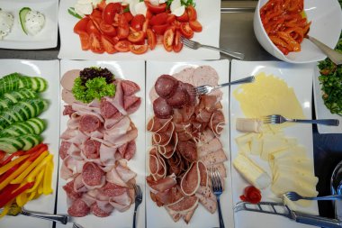 Catering buffet food indoor in luxury restaurant with meat, cheese and sausage