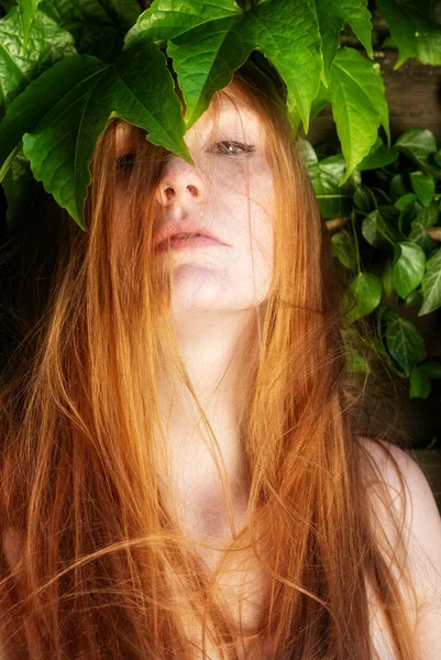 Retrato Jovem Mulher Sexy Ruiva Gengibre Com Cabelo Encaracolado Vermelho — Fotografia de Stock