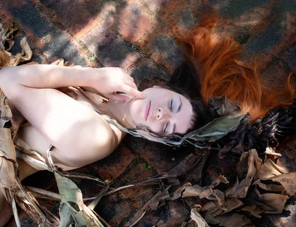 一个年轻性感女子的画像 一头棕色的头发巧妙地躺在枯干的 枯萎的装饰性香蕉树的叶子之间 在花园砖砌的小径上 复制着空间 — 图库照片