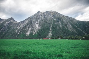 Boş yol ile dağ zirveleri ufukta. Norveç ulusal seyahat güzergahı. Yol Trollstigen, Norway.