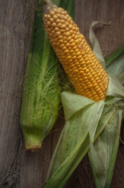 Tahta masada taze tatlı mısır. Rustik stil.