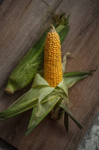 Fresh Sweet Corn Wooden Table Rustic Style — Stock Photo, Image