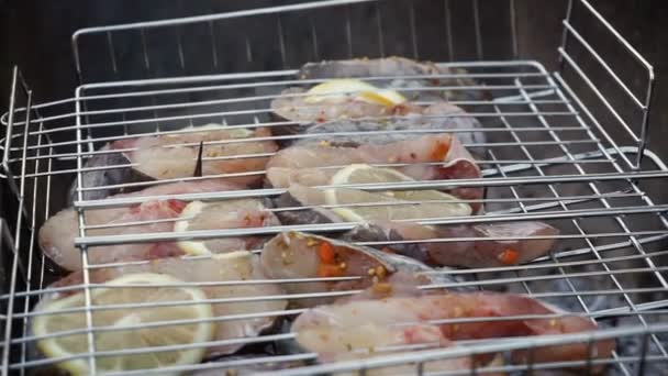Grilled fish, catfish steak with lemon, aromatic spices and vegetables on the grill plate outdoors, seafood on a charcoal grill. Tasty juicy steaks with salt and pepper. Barbeque at outdoor party — Stockvideo