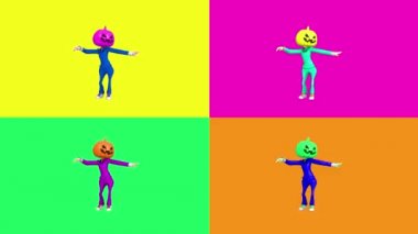 Çağdaş çizgi film sanatı. Dans eden Balkabağı Kafa Cadılar Bayramı kızı. Moda renkli titreşimler. Asgari hareket sanatı. Pop sanat. Parlak Kimyasal Renkler