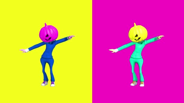 Animation contemporaine dessin animé art. Tête de citrouille dansante fille d'Halloween. Mode vibes colorées. Motion art minime. Pop art. Couleurs chimiques vives — Video