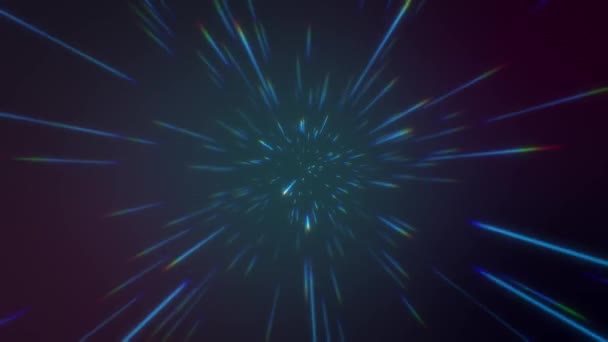 4K Fundo cósmico criativo abstrato. Hiper salto para outra galáxia. velocidade de luz rápida, raios brilhantes de néon em movimento. explosão colorida, big bang. Luzes brilhantes estreladas que voam extremamente rápido — Vídeo de Stock