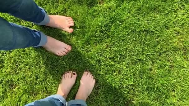 Les pieds nus des filles en jeans dansent joyeusement sur l'herbe verte POV. Concept de liberté et de bonheur. Pieds avec pédicure. Boucle animation boomerang pour histoire instagram. Vidéo verticale — Video