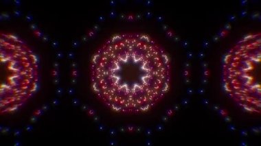 Neon parlayan retro 80 'lerin mandala pürüzsüz döngüsü. Renkli ses reaksiyonlu parçacıklar. Ses reaksiyonu ses eşitleyicisi. Titrek titreşimli arka plan. 120 bpm ses reaktif. Etkinlik, konser, sahne, VJ 'ler