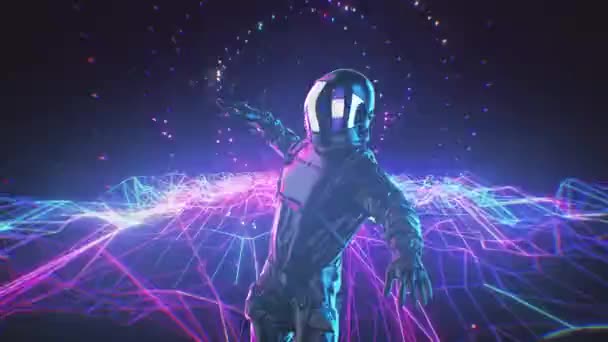 Funny Dancing Astronaut met Neon Retro Lights en pulserende flikkerende achtergrond. 120 bpm audio reactieve beat. Naadloze lus. Beelden voor evenement, concert, toneelontwerp, titel, presentatie, VJ 's — Stockvideo