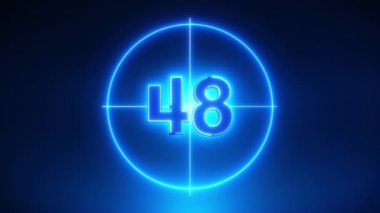 Mavi Neon Light 60 Saniye Geri sayım siyah arka planda. Dinamik ışık yanıyor. Zamanlayıcı 60 saniyeden 0 saniyeye düştü. 1 dakika geri sayım. 30 ya da 10 saniye. Büyük 3D Numaralar tanıtımlar için canlandırıldı. Çember döndürme