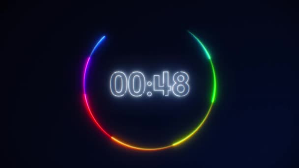 Weißes Neonlicht 60 Sekunden Countdown auf schwarzem Hintergrund. Laufendes dynamisches Licht. Timer von 60 auf 0 Sekunden. 1 Minute Countdown. 30 oder 10 Sekunden. Regenbogen Geschwindigkeit Laufkreis Licht — Stockvideo