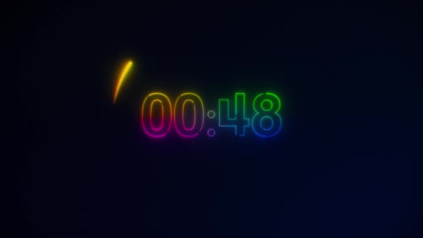Rainbow Neon Light 60 sekunder Nedräkning på svart bakgrund. Kör dynamiskt ljus. Timern från 60 till 0 sekunder. En minuts nedräkning. 30 eller 10 sekunder. Regnbåge hastighet kör cirkel ljus — Stockvideo