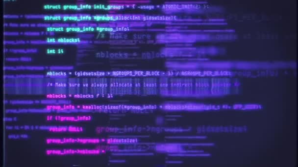Block av abstrakt programkod skrivs och flyttas på gammal skärm. Blå och lila kod. Dataflödesanimering. IT, mjukvaruutveckling och hacking koncept. Krypterad säkerhetskod. VHS-stil — Stockvideo