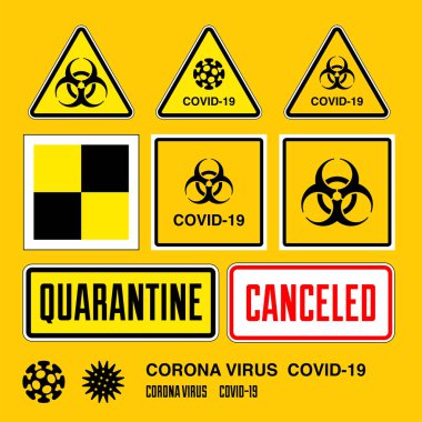 Karantina vektör etiketi ayarlandı. Biyolojik tehlike ikonu, virüs ikonu, karantina ve iptal edilmiş pul. Covid-19. Uyarı plakası
