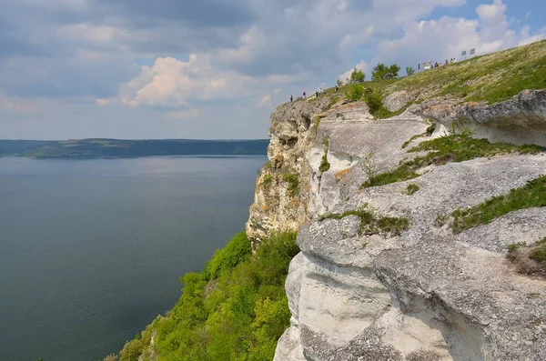 Stone cliff on the bend of the reservoir in the village of Bakota, Ukraine. Bakota no longer exists on the map of Ukraine, it was flooded in connection with the construction of the Dniester hydroelectric complex in 1981.