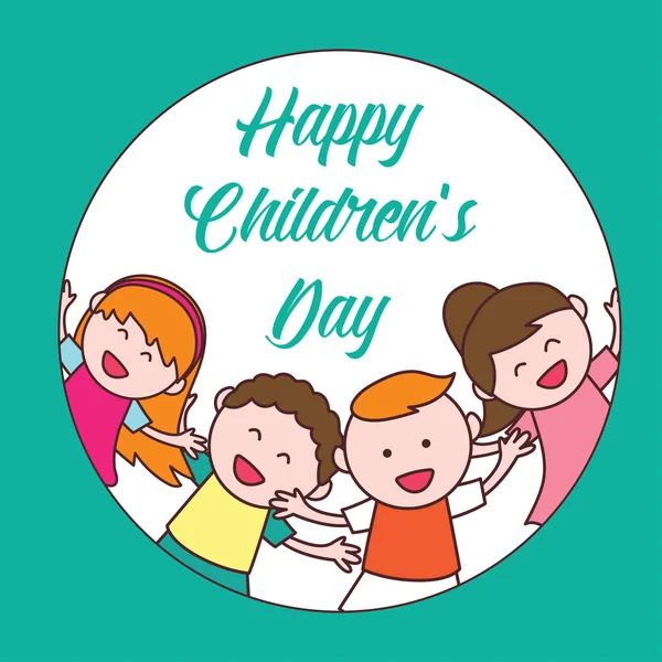 Feliz Texto Del Día Los Niños Con Personajes Infantiles Dibujos — Vector de stock