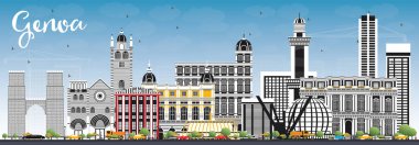 Renkli Binalar ve Mavi Gökyüzü ile Cenova İtalya City Skyline. Vektör İllüstrasyonu. Modern Mimariyle İş Seyahatleri ve Turizm Konsepti. Tarihi Simgeli Ceneviz Kenti.