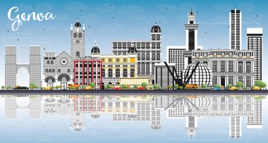 Renkli Binaları, Mavi Gökyüzü ve Yansımaları olan Cenova İtalya Şehri Skyline. Vektör İllüstrasyonu. Modern Mimariyle İş Seyahatleri ve Turizm Konsepti. Tarihi Simgeli Ceneviz Kenti.