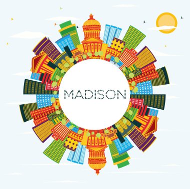 Madison Wisconsin manzarası renkli binalar, mavi gökyüzü ve kopya alanı. Vektör çizim. İş seyahat ve Turizm kavramı ile Modern binalar. Madison Usa Cityscape yerler ile.
