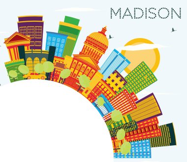 Madison Wisconsin manzarası renkli binalar, mavi gökyüzü ve kopya alanı. Vektör çizim. İş seyahat ve Turizm kavramı ile Modern binalar. Madison Usa Cityscape yerler ile.
