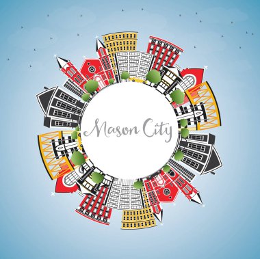 Mason City Iowa Skyline Renkli Binalar, Mavi Gökyüzü ve Kopya Uzayı. Vektör İllüstrasyonu. Tarihi Mimariyle İş Seyahati ve Turizm İllüstrasyonu.