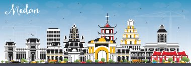 Medan Endonezya City Skyline, Renkli Binalar ve Mavi Gökyüzü. Vektör İllüstrasyonu. Tarihi Mimariyle İş Seyahati ve Turizm Konsepti. Tarihi Simgelere sahip Medan Şehir.