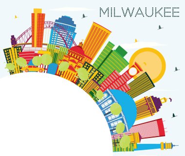 Milwaukee manzarası renkli binalar, mavi gökyüzü ve kopya alanı. Vektör çizim. İş seyahat ve Turizm kavramı ile Modern binalar. Milwaukee ABD Cityscape yerler ile.