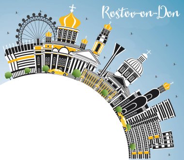 Rostov-on-Don Rusya şehir manzarası renkli binalar, mavi gökyüzü ve kopya alanı. Vektör çizim. Seyahat ve Turizm kavramı Modern mimariye sahip. Rostov-on-Don Cityscape yerler ile.