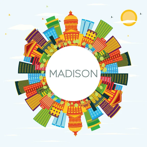 Madison Wisconsin Skyline Con Edificios Color Cielo Azul Espacio Copia — Vector de stock