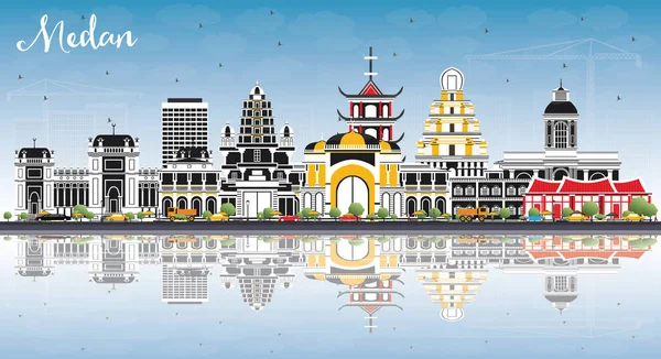 Medan Indonesia City Skyline Con Edificios Color Cielo Azul Reflexiones — Vector de stock