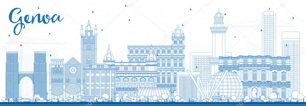 Outline Genoa Italy City Skyline with Blue Buildings. Vector Illustration. Business Travel and Tourism Concept with Modern Architecture. Genoa Cityscape with Landmarks.