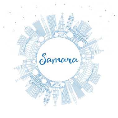 Anahat Samara Rusya şehir manzarası ile mavi binalar ve kopya alanı. Vektör çizim. İş seyahat ve Turizm kavramı Modern mimariye sahip. Samara Cityscape yerler ile.