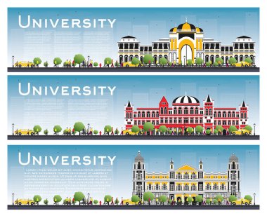 Üniversite kampüs çalışma afiş ve ayarlayın. Vektör çizim. Öğrenciler Üniversite ana binaya gidin. Mavi gökyüzü ve yeşil ağaç manzarası. Kopya alanı ile banner.