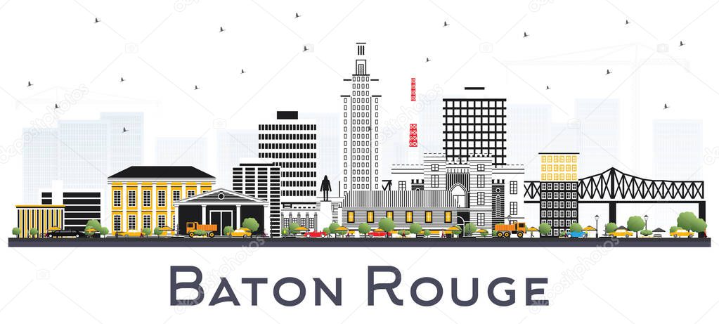 Baton Rouge Louisiana City Skyline with Color Buildings Isolated on White. Vector Illustration. Business Travel and Tourism Concept with Modern Architecture. Baton Rouge USA Cityscape with Landmarks.