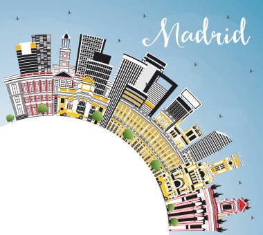 Madrid İspanya şehir manzarası ile gri binalar, mavi gökyüzü ve kopya alanı. Vektör çizim. İş seyahat ve Turizm kavramı tarihi mimarisi ile. Madrid Cityscape yerler ile.