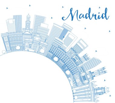 Anahat Madrid İspanya şehir manzarası ile mavi binalar ve kopya alanı. Vektör çizim. İş seyahat ve Turizm kavramı tarihi mimarisi ile. Madrid Cityscape yerler ile.