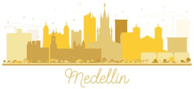 Medellin Kolombiya şehir manzarası altın siluet. Vektör çizim. Turizm tanıtımı, başlık sayfası, afiş veya web sitesi için basit düz kavramı. İş seyahat kavramı. Medellin Cityscape yerler ile.