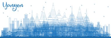 Mavi binaları ile anahat Yangon manzarası. Vektör çizim. İş seyahat ve Turizm kavramı tarihi mimarisi ile. Görüntü sununun afiş afiş ve Web sitesi için.