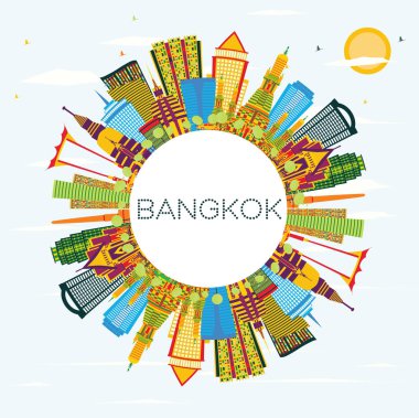 Bangkok Tayland manzarası renkli simge, mavi gökyüzü ve kopya alanı ile. Vektör çizim. İş seyahat ve Turizm kavramı. Bangkok Cityscape yerler ile.