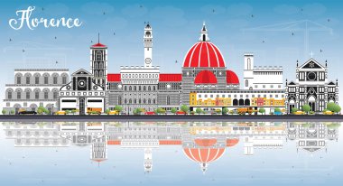 Florence Italy City Skyline Renkli Binalar, Mavi Gökyüzü ve Yansımaları. Vektör İllüstrasyonu. Modern Mimariyle İş Seyahatleri ve Turizm Konsepti. Tarihi Simgelerle Floransa Şehri.
