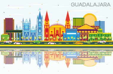 Guadalajara Meksika manzarası renkli binalar, mavi gökyüzü ve yansımaları ile. Vektör çizim. İş seyahat ve Turizm kavramı tarihi mimarisi ile. Guadalajara Cityscape yerler ile.