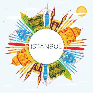 Istanbul Türkiye şehir manzarası renkli binalar, mavi gökyüzü ve kopya alanı. Vektör çizim. İş seyahat ve Turizm kavramı ile Istanbul şehir. Istanbul Cityscape yerler ile.